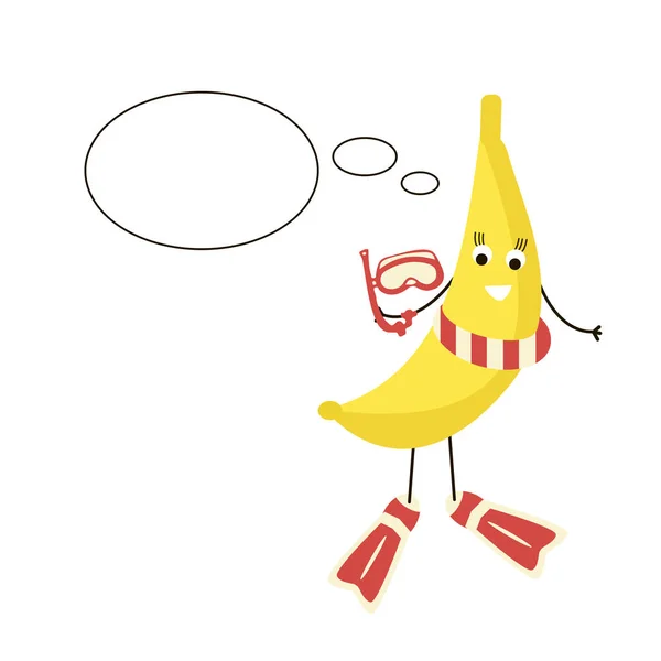 Ładny Banana Życia Pierścień Płetwach Trzymając Maskę Pływanie Ręce Ilustracja — Wektor stockowy