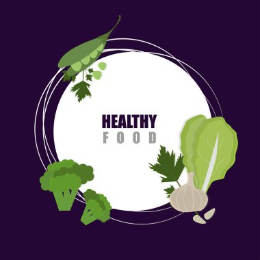 Sağlıklı beslenme ile koyu arka plan. Brokoli, salata ve sarımsak yuvarlak vektör çizim.