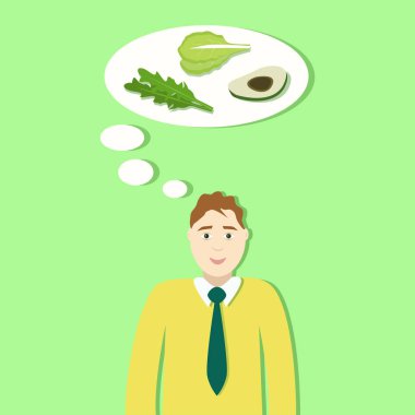 Adam sağlıklı gıda hakkında düşünüyor. Avokado, brokoli ve salata vektör çizim.