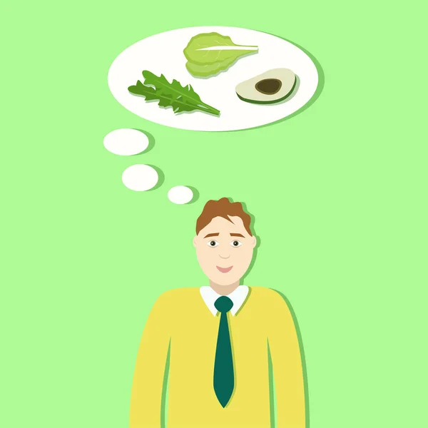 Homem Está Pensar Comida Saudável Ilustração Vetorial Abacate Brócolis Salada — Vetor de Stock