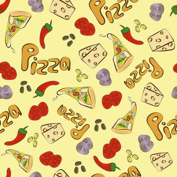 ピザと食材のシームレスなパターン おいしい料理と野菜のベクトル イラスト — ストックベクタ