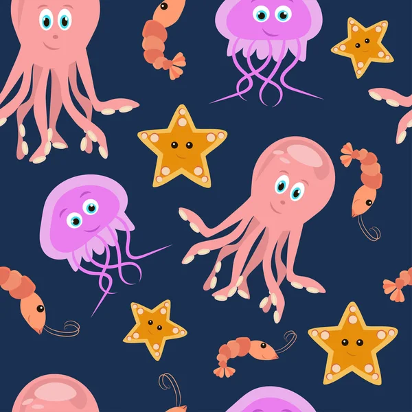 Seamless pattern with underwater animals on dark background. Vector illustration of octopus, jellyfish, seastar and shrimp.