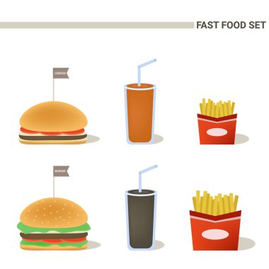 Lokanta renkli çizimler kümesi. Çizgi film burger, patates ve içecekler.