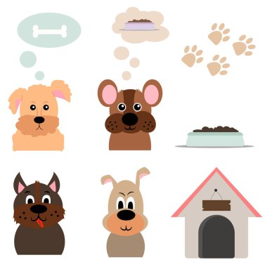 Şirin komik karikatür köpekler koleksiyonu. Yavru köpek kulübesi, gıda kase ve izleri ile vektör çizim.