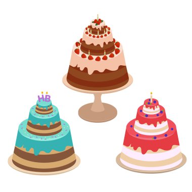 Büyük Doğum günü pastaları kümesi. Mumlar ve çilek ile tatlı gıda vektör çizim.