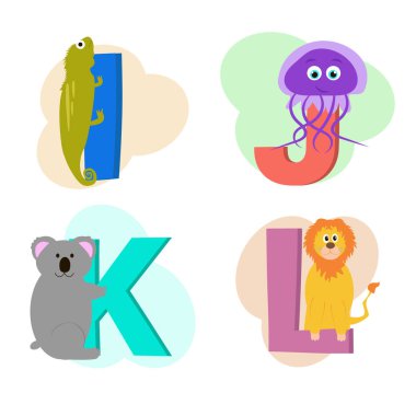 Beyaz arka plan üzerinde izole hayvan alfabe vektör Illustration. Ben den editöre mektuplar iguana, denizanası, koala ve aslan L. çizgi film görüntüleri.
