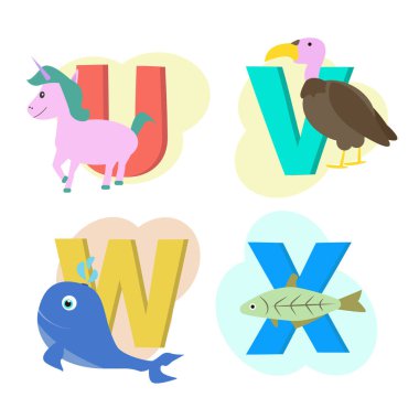 Beyaz arka plan üzerinde izole hayvan alfabe vektör Illustration. X. çizgi film görüntüleri tek boynuzlu at, akbaba, balina ve x-ışını balık sizden mektuplar.
