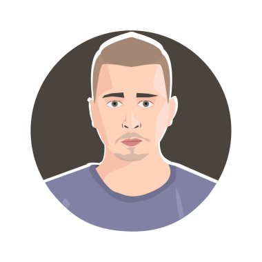 Tıraşsız erkek düz avatar mavi T-shirt. Detaylı adam portresi. Vektör çizim.