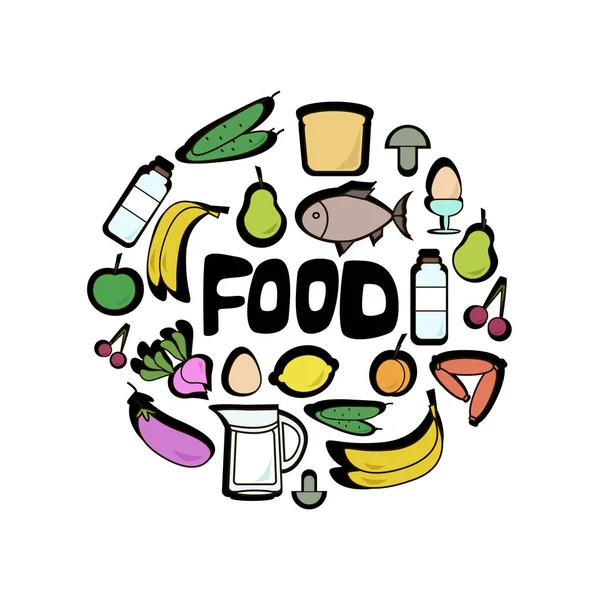 被隔离在白色背景圆的例证关于食物和饮料 向量圈子概念与果子 肉和鱼 — 图库矢量图片