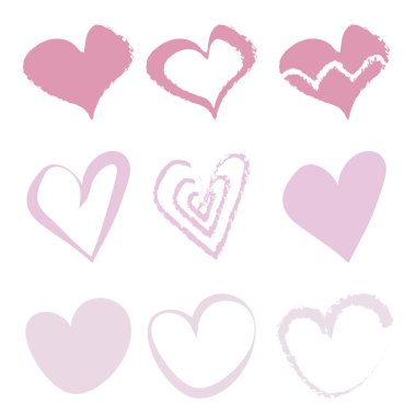 El kümesi pembe kalpler farklı perdeler. Çizimler vektör romantik topluluğu.