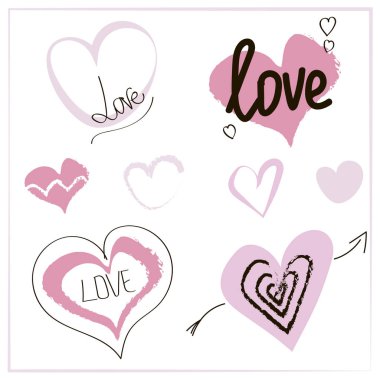 Pembe elle çizilmiş kalpler yazı ile kümesi. Çerçeve beyaz zemin üzerine izole vektör çizimler.