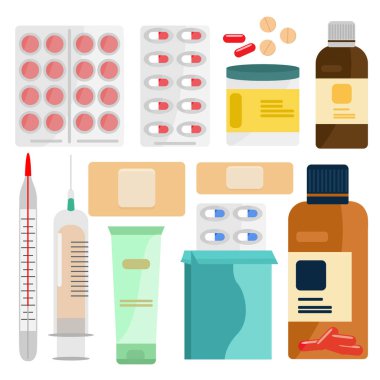 İlaçlar, haplar ve düz stil beyaz arka plan üzerinde izole eczanede kümesi. Sağlık kavramı vektör çizim.