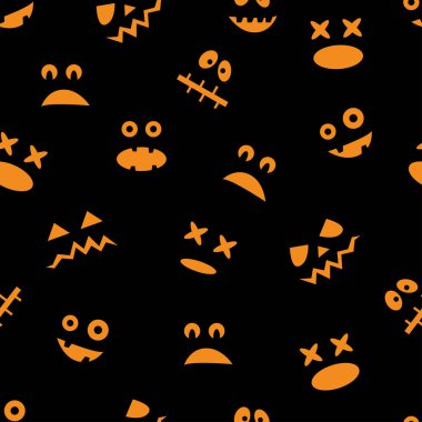 Siyah arka plan üzerine kabaklar turuncu korkunç yüzler ile Seamless modeli. Cadılar Bayramı partisi için vektör çizim.