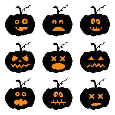 Kabaklar yüzü olan siyah siluetler set. Cadılar Bayramı partisi için sebze vektör çizim.