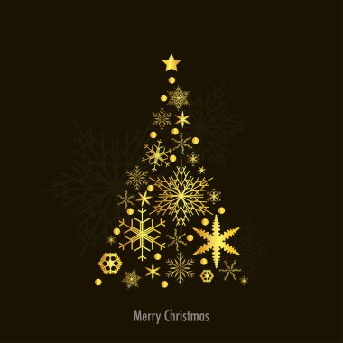 Neşeli Noel ve mutlu yeni yıl tebrik kartı koyu arka plan üzerinde. Ağaç silueti altın kar tanesi dışarı atılır.