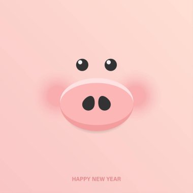 Sevimli pembe bir arka plan ile domuz surat. Çin yeni yıl 2019. Mutlu yeni yıl tebrik kartı vektör çizim.