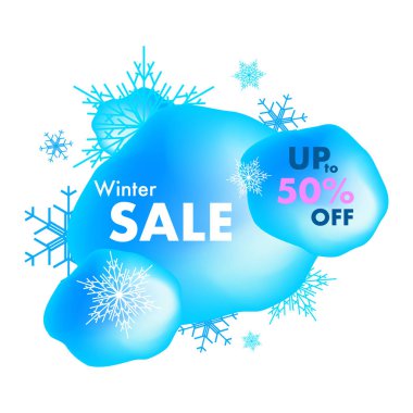 Kış satış sezonu için trendy vektör çizim. Kar taneleri ile mavi renk sıvı arka plan.
