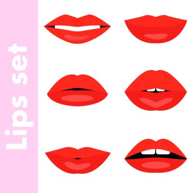 Kırmızı kadının dudakları koleksiyonu. Farklı duygular üzerinde izole beyaz arka plan ayarlayın. Ağız ve diş olmadan vektör çizim.