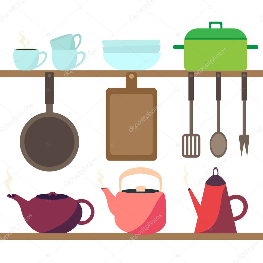 Set of colorful dishes in flat style. Collection for kitchen isolated on white background. Vector illustration of equipment on shelfs.