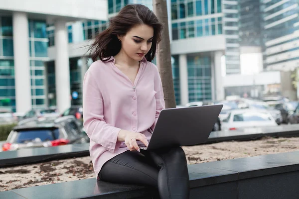Female Pretty Freelancer Working Modern Computer Young Hipster Girl Working — Stock Photo, Image