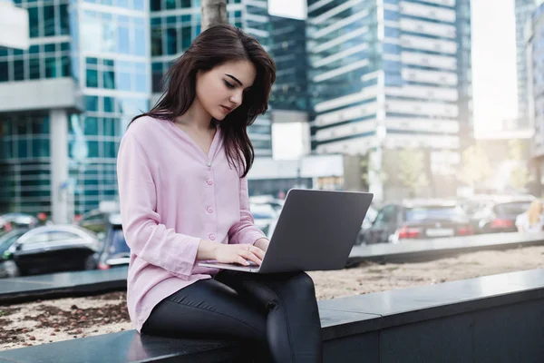 Female Pretty Freelancer Working Modern Computer Young Hipster Girl Working — Stock Photo, Image