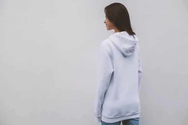 Young Pretty Girl Wearing Blank White Sweatshirt Space Your Logo — Stock Photo, Image