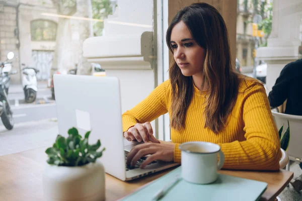 Wanita Tersenyum Menonton Video Komputer Yang Bekerja Pada Freelance Kedai — Stok Foto