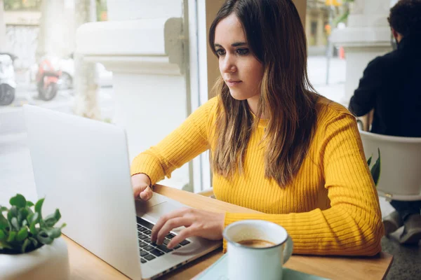 Freelancer Girl Using Netbook Computer Bar Coffee Table Woman Watching — Stock Photo, Image