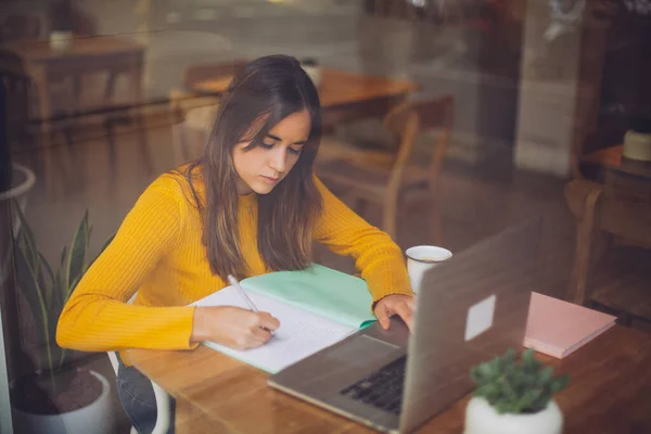 Hipster Perempuan Menulis Esai Tentang Topik Ekologi Menggunakan Komputer Laptop — Stok Foto