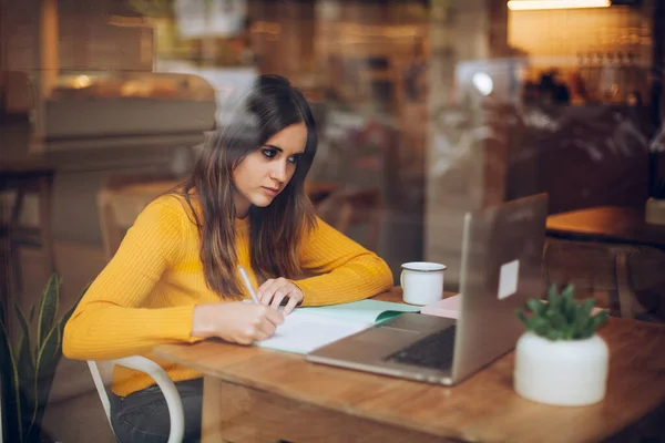 Positive Caucasian Female Checking News Networks Studying Coffee Shop Girl — Stock Photo, Image