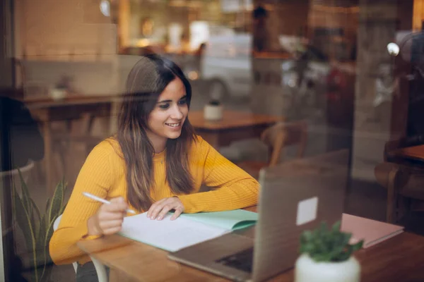 Young Female Student Writing Essay Modern Topic Using Laptop Computer — Stock Photo, Image