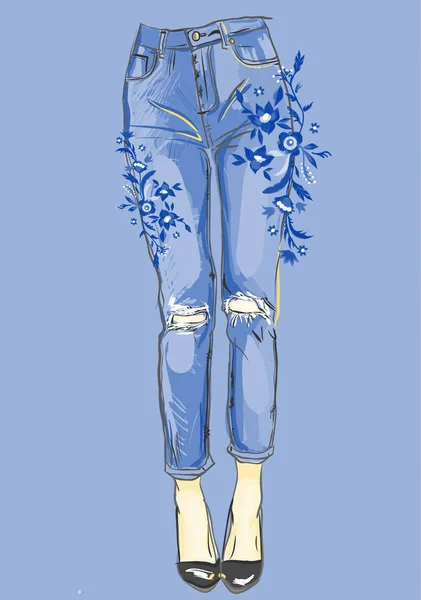 Jeans azul com bordado para o seu design — Vetor de Stock