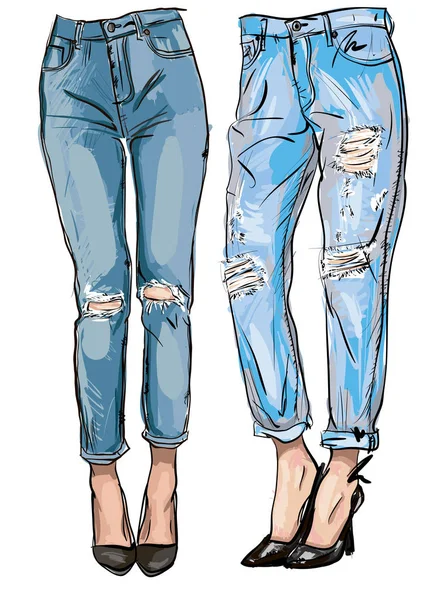 Illustration von Blue Jeans mit Stickereien für Ihr Design — Stockvektor