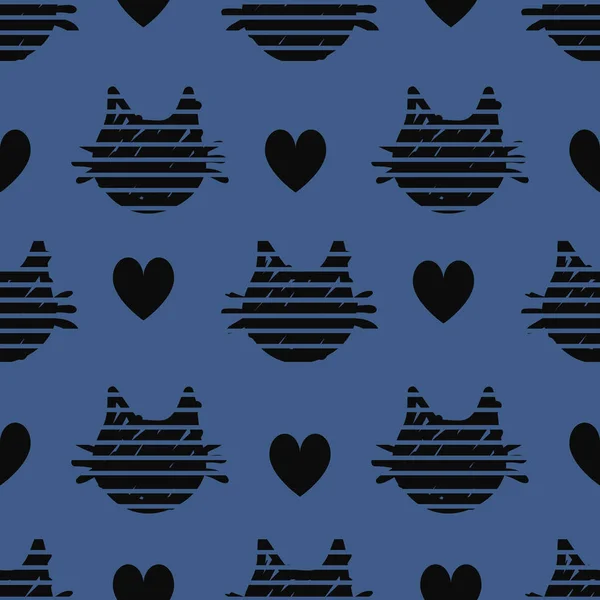 Negro cabezas de gatos patrón sobre fondo azul — Vector de stock