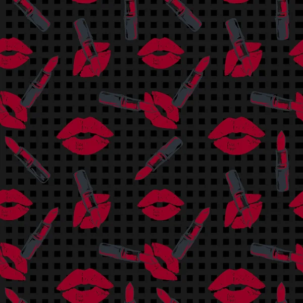 Rouge à lèvres et patron baiser sur fond noir à carreaux — Image vectorielle