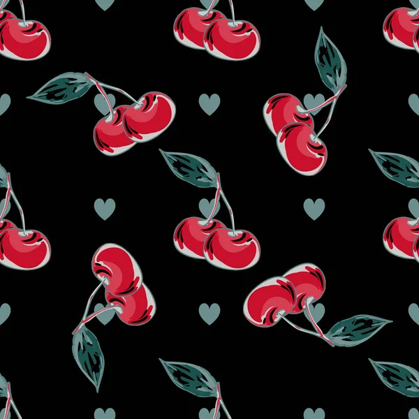 黑色背景的樱桃图案与心 — 图库矢量图片