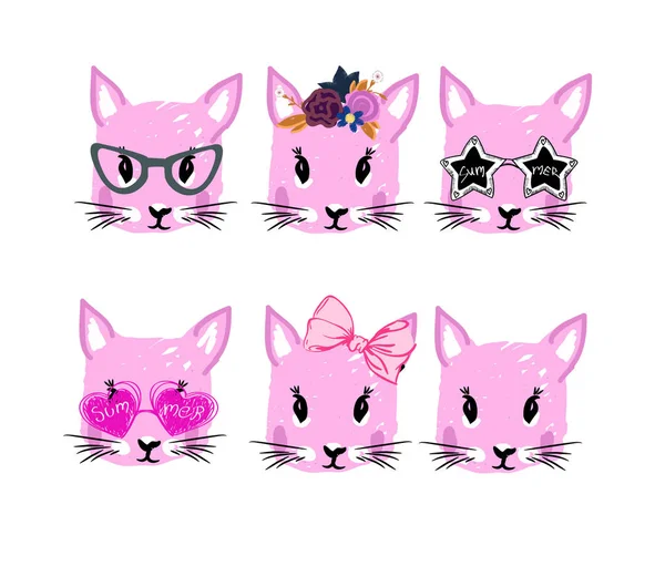 Kitty faces in sunglasses, bow and reath illustration — Stock Vector