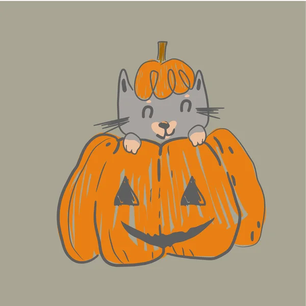 Postal de otoño con gato situado en la calabaza de halloween. postal de Halloween — Vector de stock