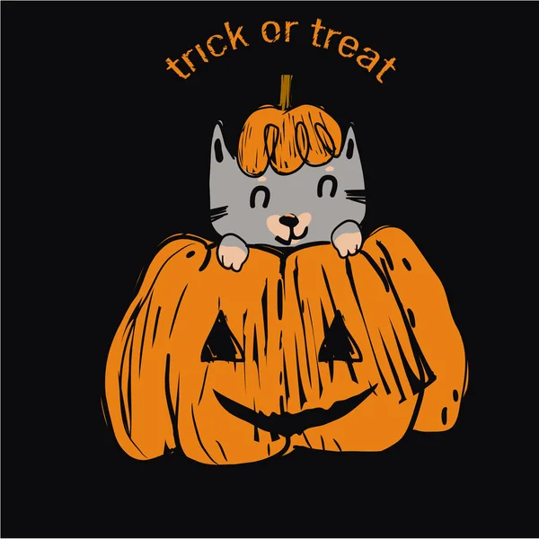 Cartão postal de outono com gato situado na abóbora halloween. cartão postal de Halloween — Vetor de Stock