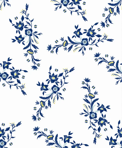 blue flowers pattern on white pattern in ethnic style