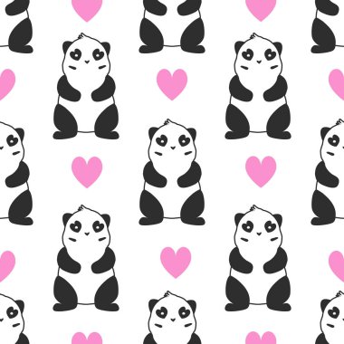 pembe kalpler ile soyut tarzda çocuk stilinde beyaz arka plan üzerinde basit panda yüz deseni