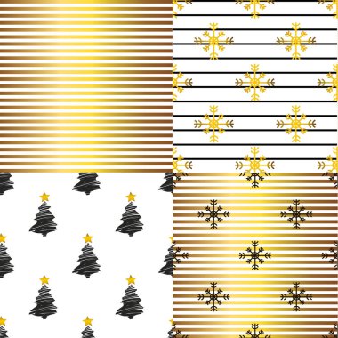 designe için glitter altın şeritler, kar taneleri ve xmas ağacı ile noel desenleri ayarlayın