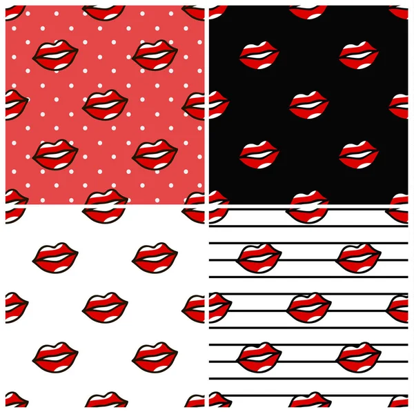 Red lips pattern set in cartoon style on dots, striped, black and white backgrounds — стоковый вектор