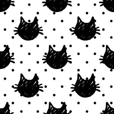 Kedi vektörsüz desen, beyaz ve siyah noktalarda izole edildi. Çizgi film kedisi ağızlıklı duvar kağıdı arka planı. Tekstil, ambalaj ve benzeri şekiller.