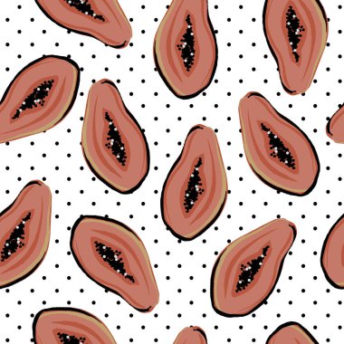 Siyah noktalı arka planı olan beyaz üzerinde papaya raster deseni var. Grafiksel arkaplan