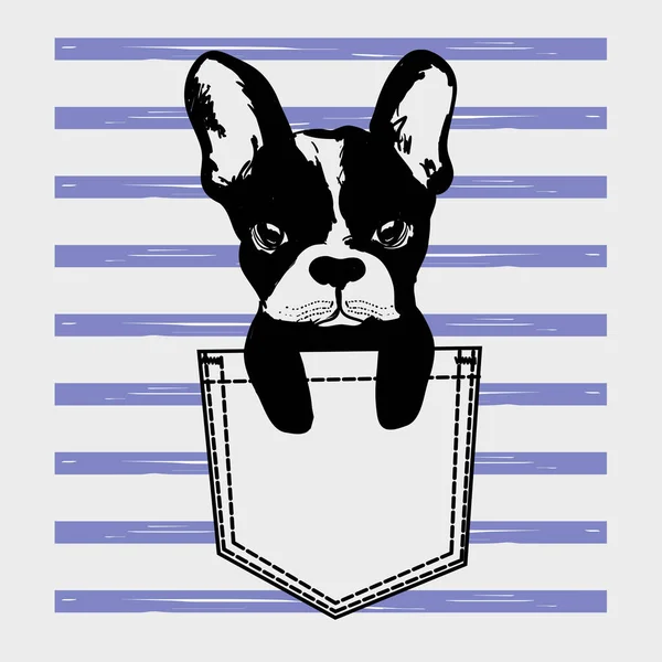 Cute Dog Muzzle Frenchie Buldog Bunny Ears Sitting Pocket Stripes — Stock Vector
