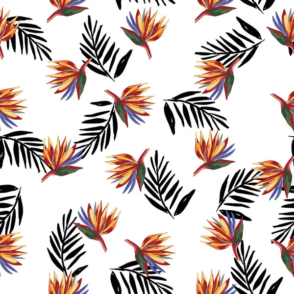 Strelitzia Reginae Jeřáb Květinový Vzor Černými Palmovými Listy Bílém Pozadí — Stockový vektor