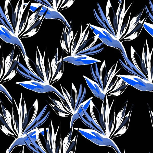 Strelitzia Reginae Jeřáb Květinový Vzor Černém Pozadí Tapety Tropickými Květinami — Stockový vektor