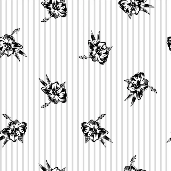 带条纹背景的黑白相间的芙蓉图案 热带花墙纸 — 图库矢量图片