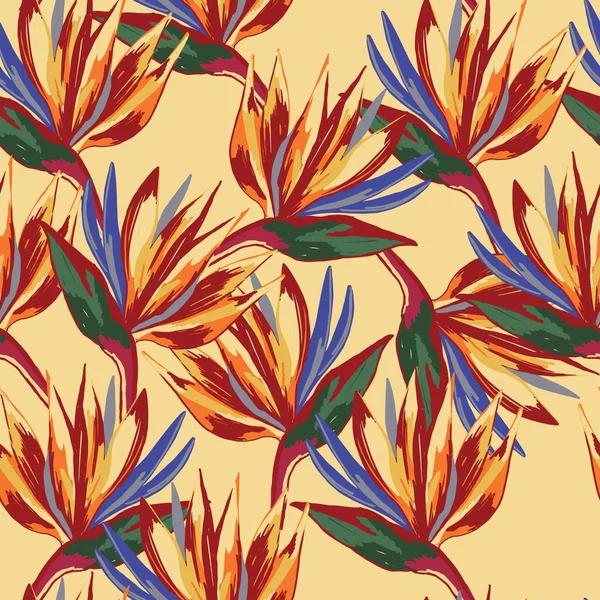 Strelitzia Reginae Crane Flower Pattern Lemon Background Wallpaper Composition Tropical — Stock Vector